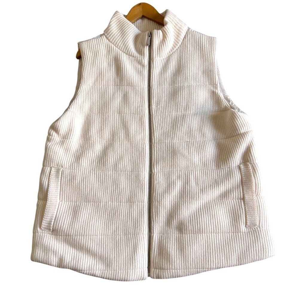 Chicos Women's Sz 10 Zip-Up Ribbed Vest White Quilted Puffer Pockets